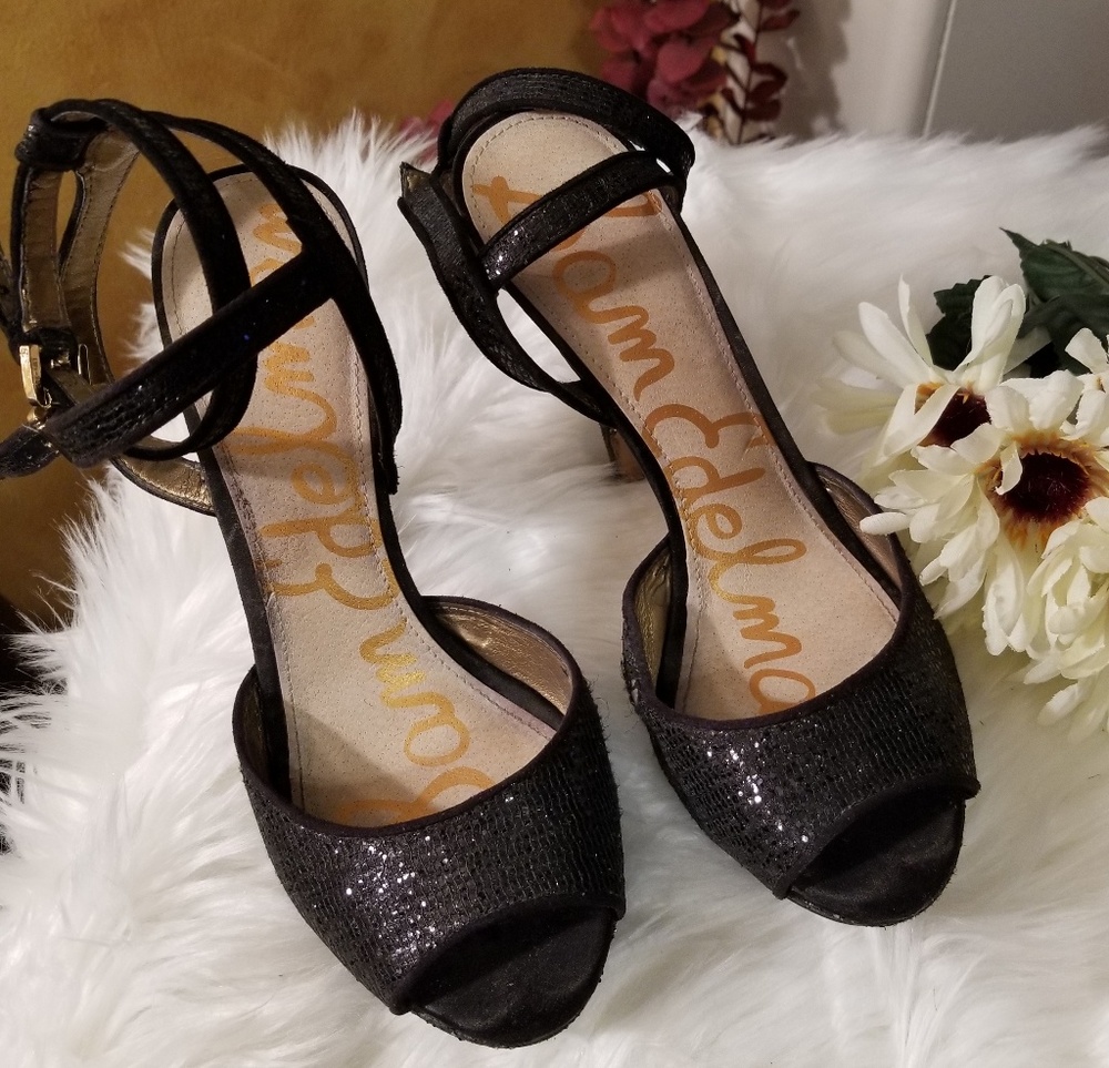 Sam Edelman Black Glitter Peep Toe 4 inch Heels